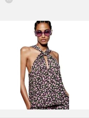 NWT Zara Floral Halter Keyhole Women's Top - Purple on Black